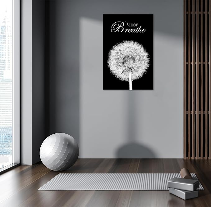 YIOZHAOFH Black Dandelion Picture Artwork Bedroom Decoration Just Breathe Canvas Painting Photo Relaxing Meditation Art Wall Decor Framed for Home Room Office (28L x 44W)