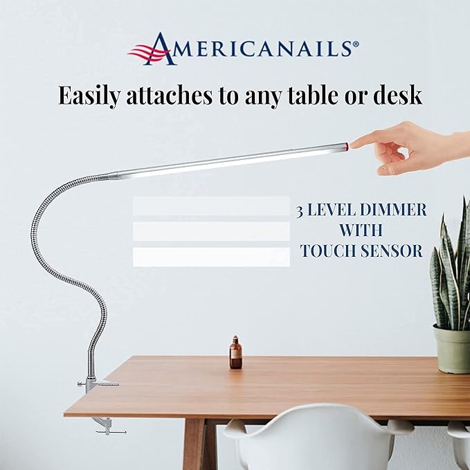 Americanails FlexiLamp Touch XL - LED Table Desk Lamp - Removable Clamp - Adjustable Lighting for Nail Stations - Manicure Table Light - Flexible Arm – 3 Brightness Levels - Touch Sensor - 400 Lumens