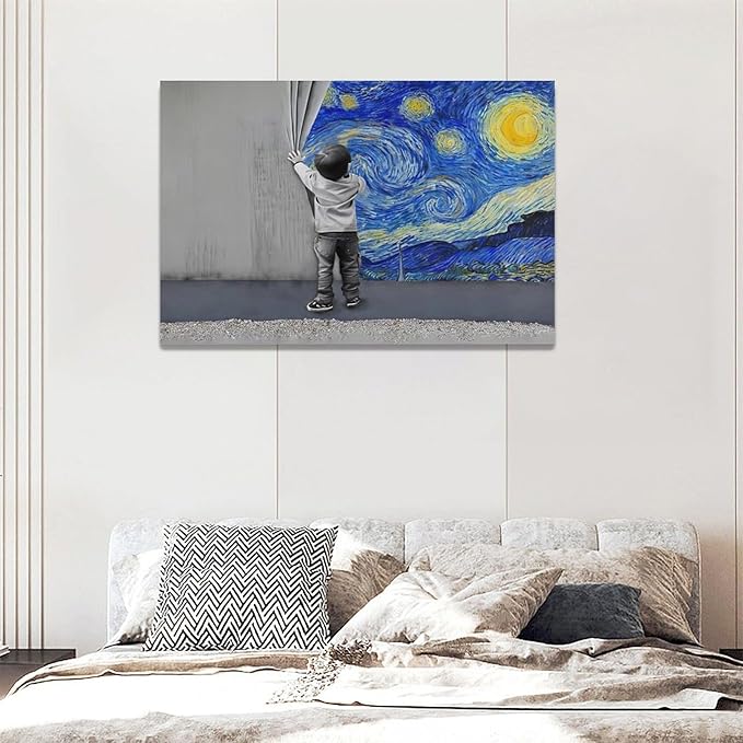 Banksy Wall Art Boys Starry Night Street Graffiti Pictures Wall Decor Kids Canvas Painting Pop Home Modern Artwork Decorations Framed for Living Room Bedroom Bathroom Office 24 x 16 inch