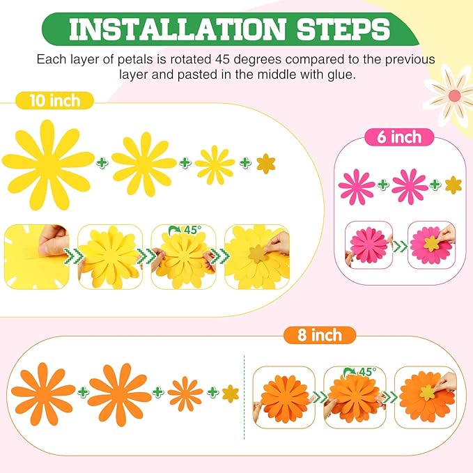 18 Pcs Paper Flowers Decor for Wall DIY Flower Bulletin Board 3D Spring Fiesta Mexican Paper Floral Decoration for Photo Backdrop Classroom Back to School Party(Rounded Star,Rainbow)