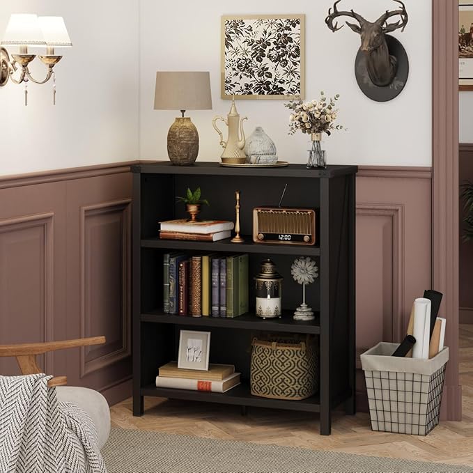 BON AUGURE Small Bookshelf, 3 Tier Black Book Shelf, Farmhouse Storage Bookcase, Short Wooden Book Cases for Small Space, Office, Bedroom, Living Room (Black Oak)