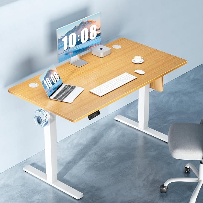 DUMOS 40 Inch Electric Standing Desk Height Adjustable, Sit to Stand Up Computer Workstations Work PC Table Home Office Study Writing Gaming Desks with Memory Presets for Walking Pad, Bedroom, Oak