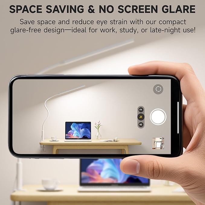 Desk Lamp with Clamp, Eye Caring Clip Light for Home Office, 3 Colors Stepless Dimming, Flexible Gooseneck Table Lamp with USB Adapter for Nail Reading Working Workbench Drawing Gaming (White Pro)