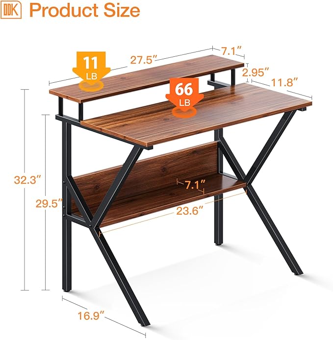 ODK Small Desk, 27.5 Inch Computer Desk for Small Spaces, Kids Desk with Storage, Study Table with Monitor Stand for Homeschool, Deep Brown