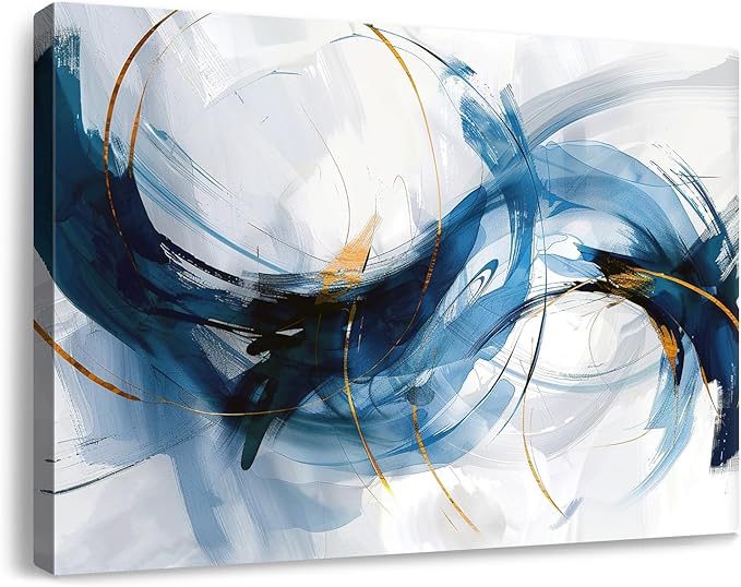 gaosoul Modern Abstract Canvas Wall Art Vibrant Blue Gold Lines Doodled on White Background Paintings Stylish Framed Minimalism Artwork Prints for Living Room Bedroom Office Decor 30x20in