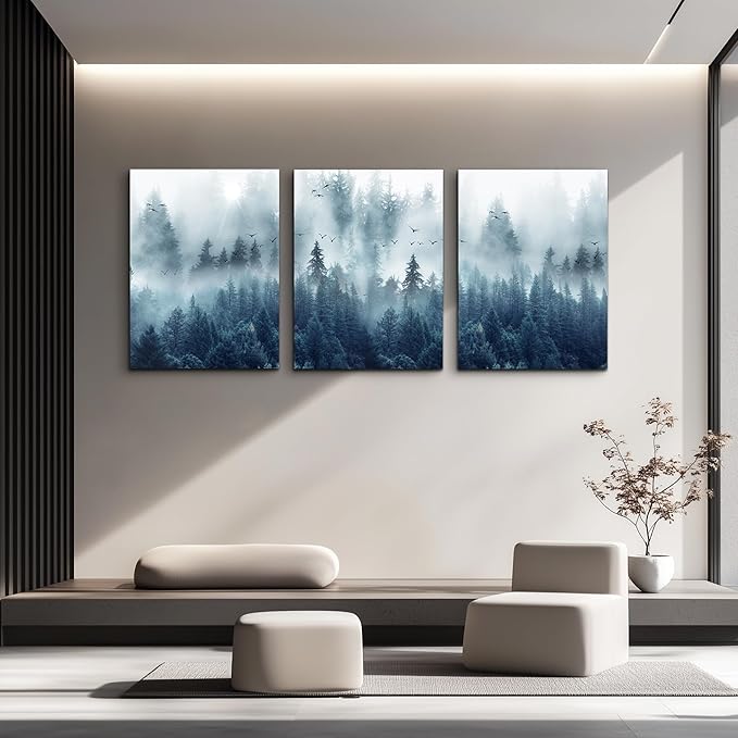 Wall Decorations For Living Room 3 Piece Framed Canvas Wall Art For Office Large Size Wall Decor Misty Forests Trees Wall Painting Landscape Pictures Artwork For Room Modern Wall Posters Home Decor