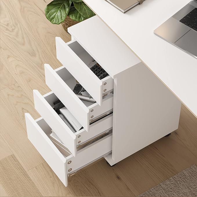 TTVIEW 4-Drawer Chest, Mobile Wood Storage File Cabinet, Filing Cabinet with Wheels, Rolling Pedestal Under Desk White 12.9x15.3X 25 in