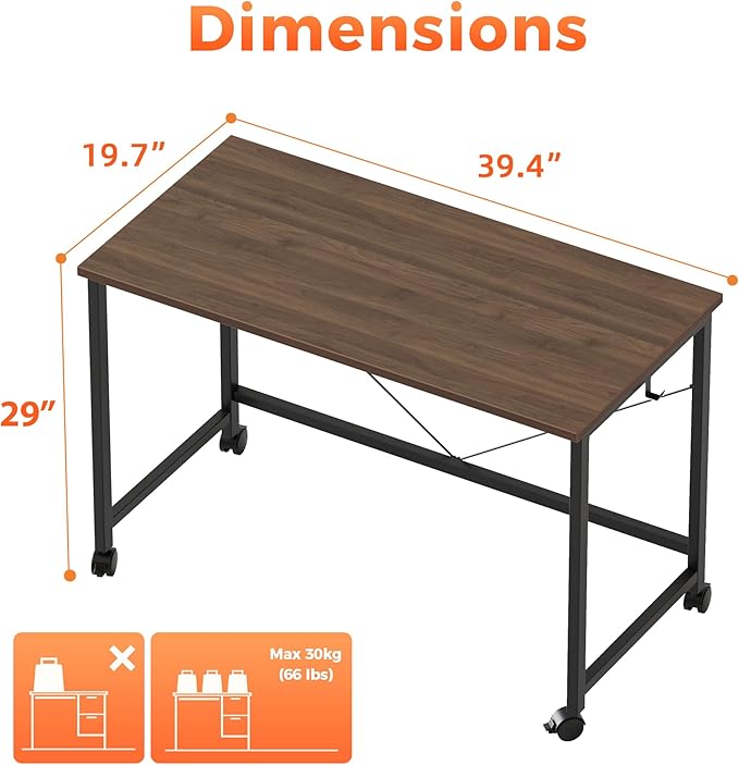 Mericonia 40 inch Rolling Computer Desk with Wheels, Gaming Desk for Small Spaces, Modern Simple Style Table for Home Office, Study Writing Table