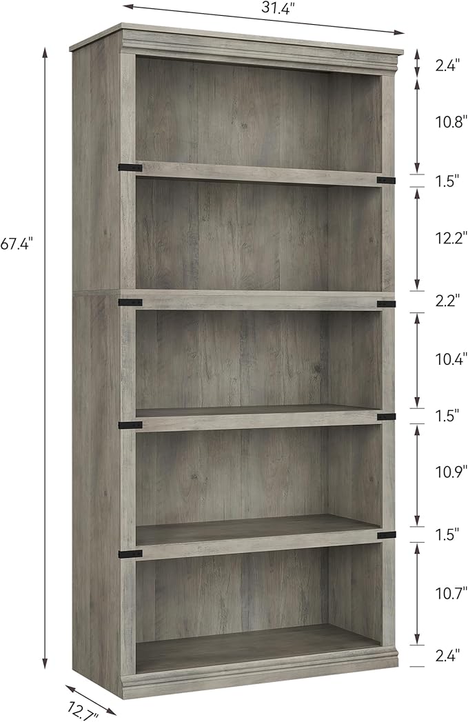 GarveeHome 5 Tier Farmhouse Bookcase, 67.4" Tall Book Shelf with Storage, Wooden Bookshelves 5 Shelf Display Shelves for Home Office(67.4" H x 31.5" W x 12.8" D) (Grey, 67.4" H x 31.5" W x 12.8" D)