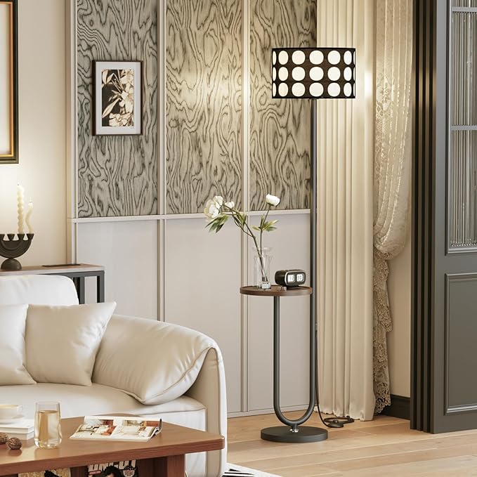62.9" Floor Lamp with Table Brown, Black Lampshade Vintage Standing Lamp with Tray Foot Switch, 3 Color Temperatures LED Bulb Included, for Living Room, Bedroom