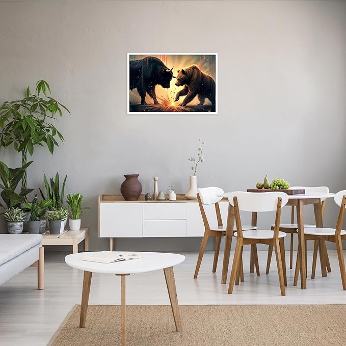 Trendy Bull And Bear Confrontation Wall Art Funny Bull And Bear Stock Market Canvas Posters Funny Animal Prints Painting For Office Living Room Wall Decor 16x24in Unframed