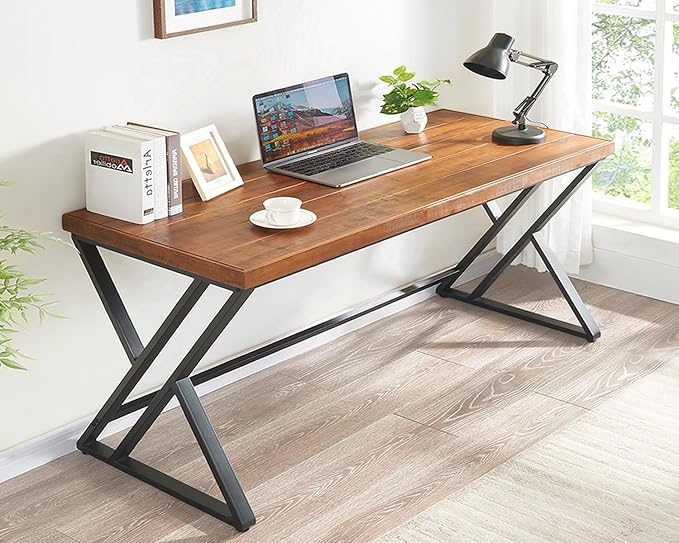 Real Wood Computer Desk, Home Office Solid Wood Writing Desk, Farmhouse Long Natural Wood Executive Work Desk, Industrial Rustic Wooden Metal PC Gaming Office Table Workstation, Brown, 60 in