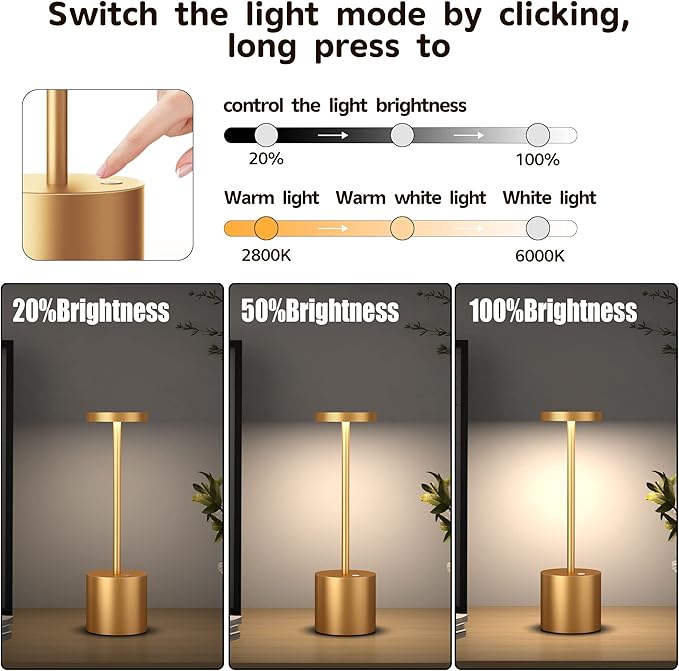 2Pack Cordless Table Lamp, Rechargeable LED Battery 5000mAh Metal USB Portable Powered Desk Lamp, 3 Levels Brightness Light for Restaurants Outdoor (2pack 10.25in Gold)