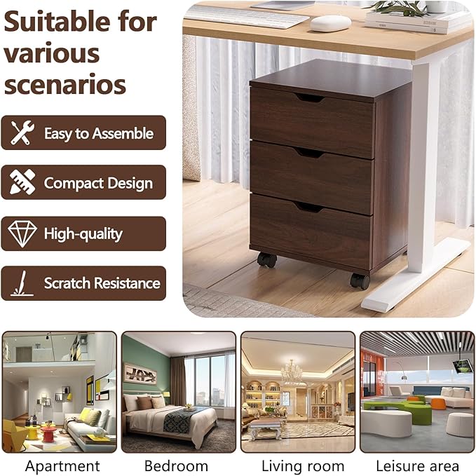 3 Drawer File Cabinet with Wheels, Heavy-Duty Steel Rolling Drawer Cabinet, Under Desk Filing Cabinet for Home Office Storage, 15.74" W x 15.74" D x 22.16" H (Brown)