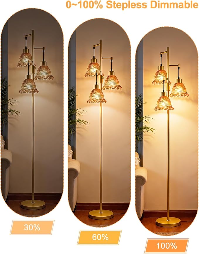 Glass Floor Lamps for Living Room, 3-Light Gold Dimmable Floor Lamp with Rose Red Glass Shade& Bulbs Included, Mid Century Standing Tall Lamp for Bedroom/Sofa Beside/Corner Decor