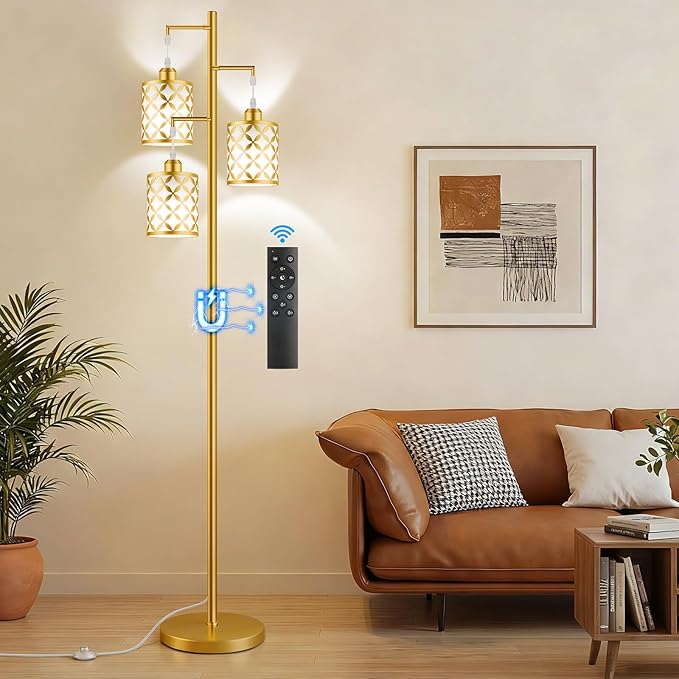 New Upgraded 72" Tall Dimmable Floor Lamp with 3 x 1100LM 12W Bright LED Bulbs, Farmhouse Standing Lamp with Remote Control, Industrial Tree Pole Floor Lamps for Living Room, Bedroom, Office - Gold