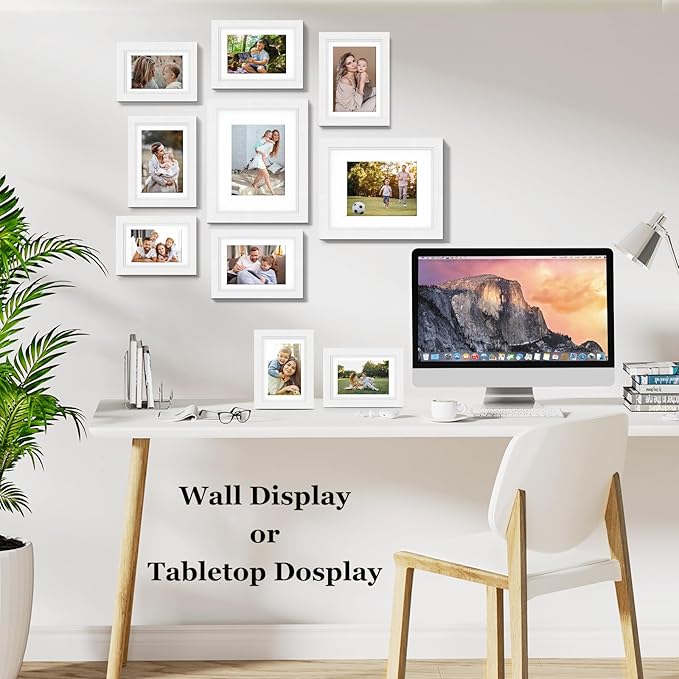 Picture Frames, Made of Real Glass and Wooden Frame, Gallery Photo Frames Set of 10 for Collage Wall Decor, Multi Sizes Including 8x10, 5x7, 4x6 for Mounting or Tabletop Display, White