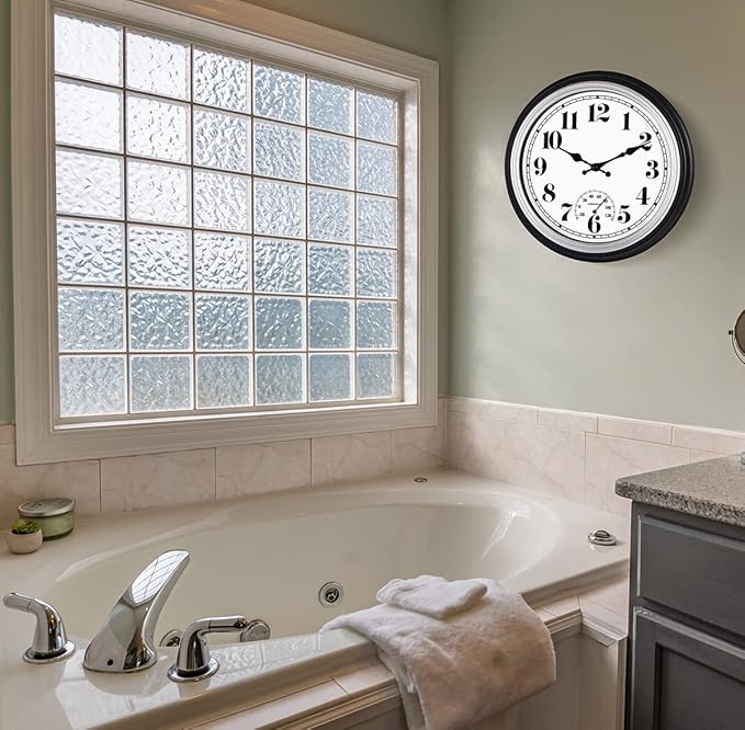 45MinST 12 Inch Indoor/Outdoor Retro Round Waterproof Wall Clock with Thermometer, Silent Non Ticking Battery Operated Quality Quartz Wall Clock Home/Patio Decor(Silver F)