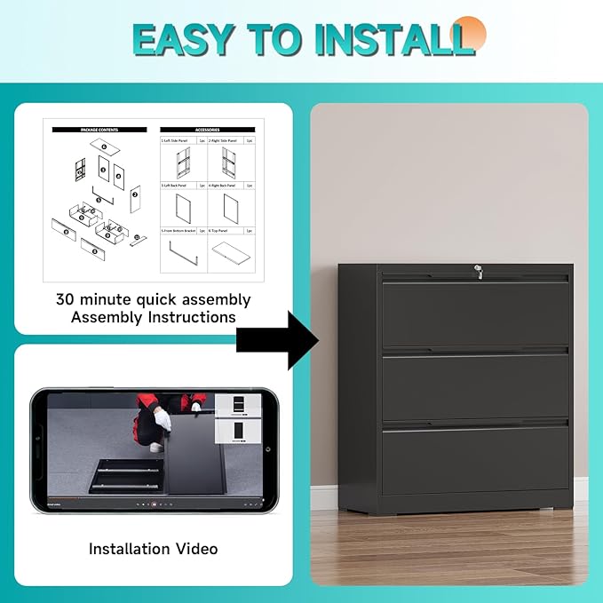 3 Drawer Lateral File Cabinet with Lock, Heavy-Duty Metal Filing Cabinet for Home Office, Steel Storage Compatible with Hanging Files Letter/Legal/F4/A4 Sizes (3 Drawer, Black)
