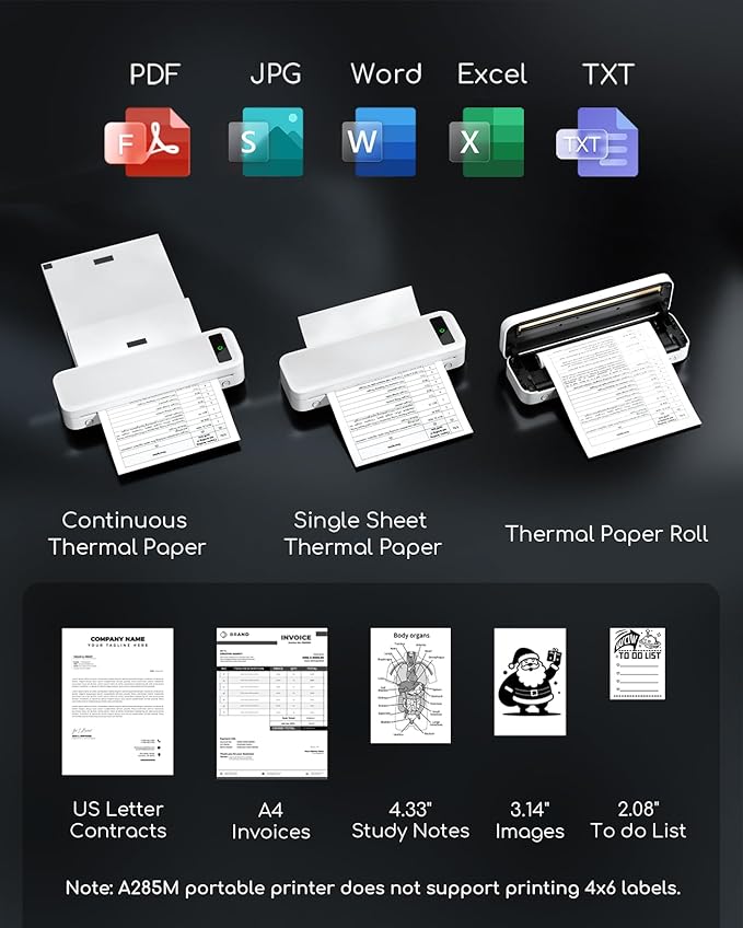 Portable Thermal Printer, A285M Bluetooth Portable Printers Wireless for Travel Home Use, Small Inkless Mobile Mini Compact Printer for Phone Laptop, Support 8.5'' x 11'' US Letter & A4 Thermal Paper
