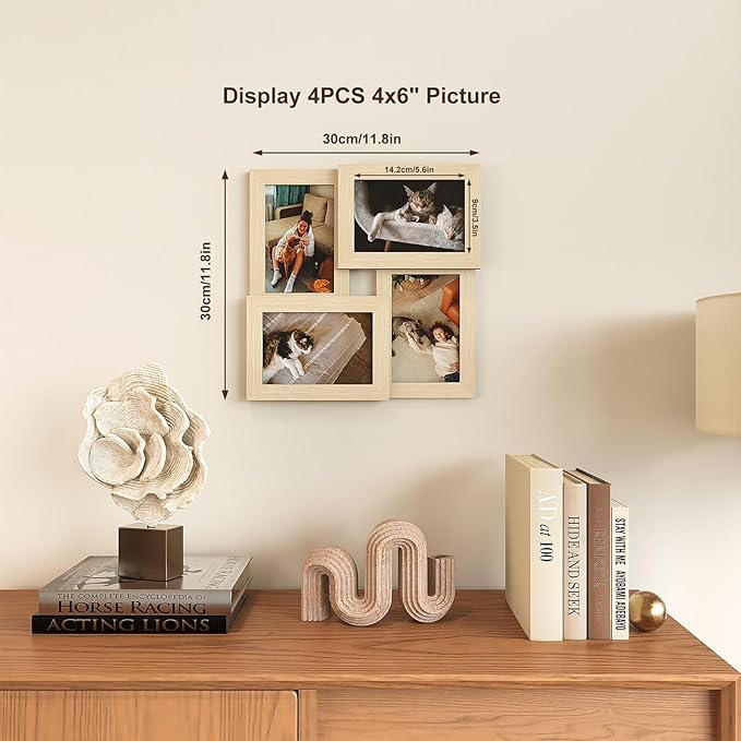 Egofine 4x6 Collage Picture Frames, Made of Solid Wood, Family Picture Frame Display Four 4x6 Photos, Covered by Plexiglass for Wall Hanging and Tabletop, Natural Wood