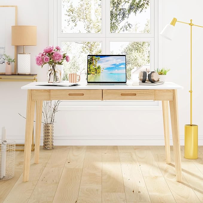 Home Office Computer Desk Coner Desk with 2 Drawers, Study Writing Table for Home Office, Study, White & Natural (47.2 ”W x 23.6”D x 29.1”H)