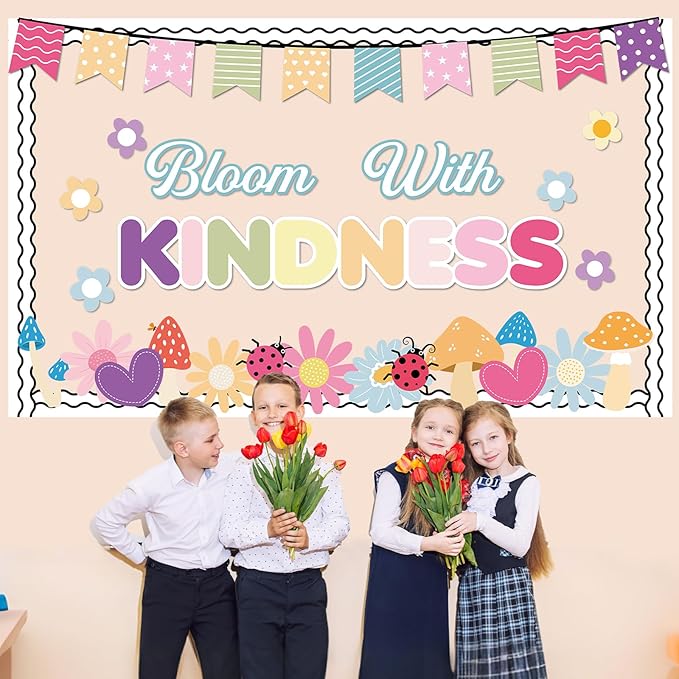Spring Kindness Bulletin Board Set Bloom with Kindness Classroom Decoration Colorful Flowers Paper Cutouts Borders Back to School Bulletin Board Classroom Wall Chalkboard Spring Party Supplies Decor