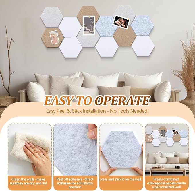 16 Pcs Hexagon Cork Board for Walls with 50 Wooden Push Pins 6.7 x 5.9 in Felt DIY Tiles Notice with Nano Tape Hanging Bulletin Board for Home Photo Office Memo Note(Light Camel)