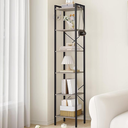 Bookshelf, Book Shelf, Industrial Bookcase with 2 Hooks, Coner Shelf Storage Organizer for Home Office, Living Room, Bedroom, Kitchen, 6-Tier Greige BC10705B