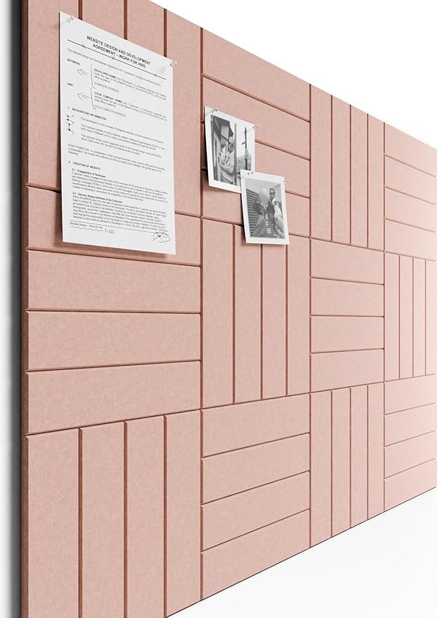 Bumusty Large Cork Board Alternative-48 x 36" Felt Bulletin Board Tiles, with 30 Pushpins, 70 Adhesive Tabs, 12-Pack Slat Wall Paneling, Cork Boards for Office Push Pin Board Felt Board-Pink