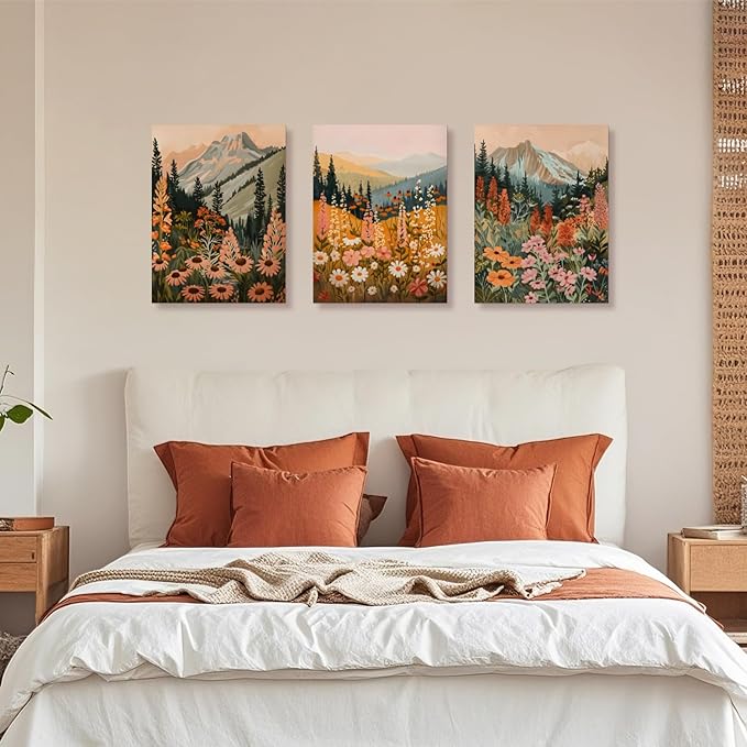Hianan Boho Daisy Sunset Wall Art, Colorful Mountain Wildflower Wall Decor, Vintage Wildflower Canvas Painting, Modern Botanical Flower Aesthetic Picture for Bedroom Living Room Framed 12"x16"x3