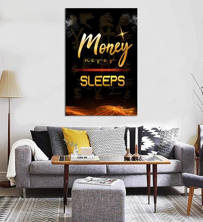 Large Size Money Never Sleeps Motivational Framed Wall Art Canvas Paintings Black and White Golden Artwork Stretched and Framed Easy to Hang-28x44 inch
