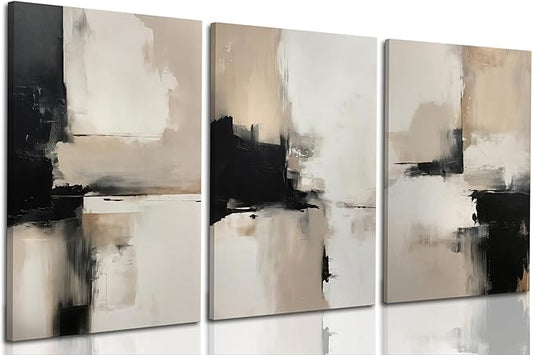 3Pcs Framed Beige Abstract Wall Art Large Modern Minimalist Posters Prints Black Brown Neutral Artist Pictures Painting for Living Room Bedroom Bathroom Office Decorations