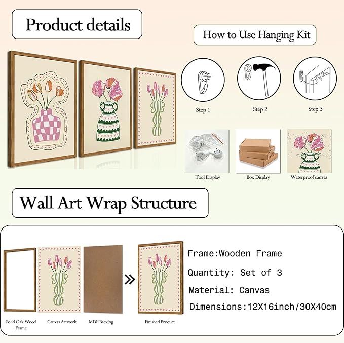 Framed Boho Floral Canvas Wall Art Set of 3, Pink Tulip Flower Paintings Wall Decor, Abstract Botanical Pictures Prints Minimalist Home Decor Aesthetic for Living Room Bedroom Office 12×16 inch