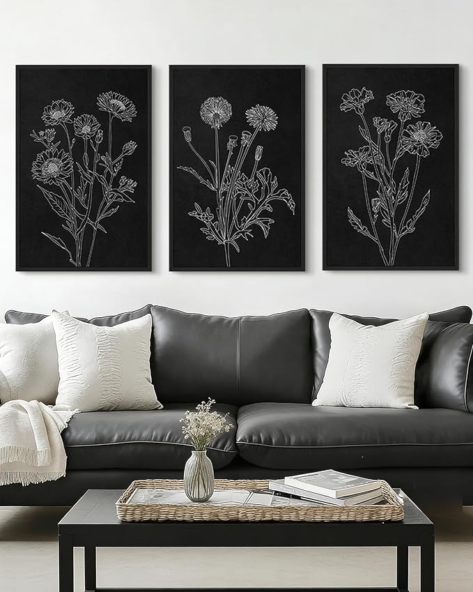 Drsoum Black White Flower Wall Art Vintage Minimalist Floral Wall Hanging Decor Bohemain Botanical Prints Artwork for Bedroom Living Room Hallway 24x36in Black Framed
