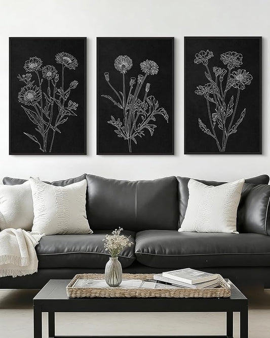 Drsoum Black White Flower Wall Art Vintage Minimalist Floral Wall Hanging Decor Bohemain Botanical Prints Artwork for Bedroom Living Room Hallway 24x36in Black Framed