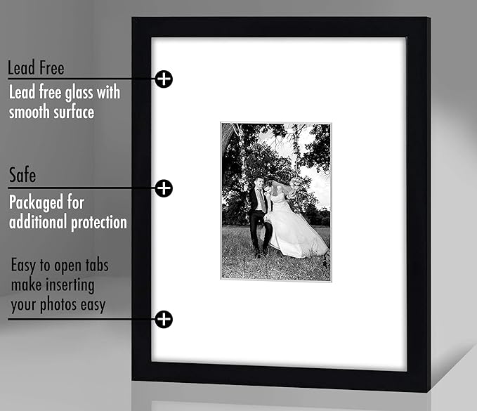 Americanflat 11x14 Picture Frame with Shatter-Resistant Glass - Use as 5x7 Frame with Mat or Display 11x14 Photo Without Mat - Signature Collection - Picture Frames for Wall Display - Black