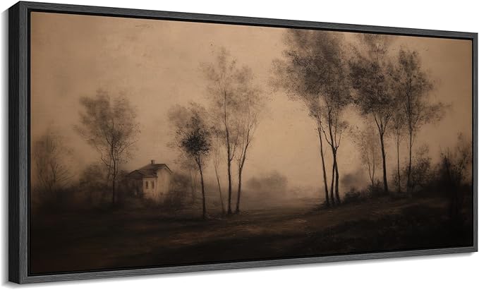 SIGNFORD Extra Large Framed Canvas Print Wall Art Vintage Sepia Countryside Trees and Cottage Illustrations Modern Art Calm Warm for Living Room, Bedroom, Office - 60"x30"