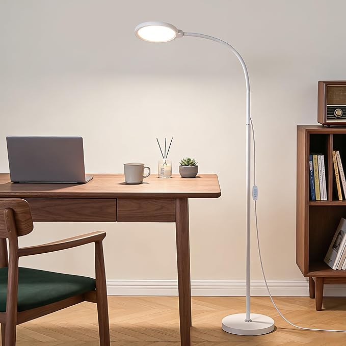 White Modern Bright LED Floor Lamp Adjustable Gooseneck Standing Lamp with Dimmer & Color Temperature, for Living Room,Kids Bedroom,Office, Nursery Library Desk Reading Light, Eyelash Makeup light
