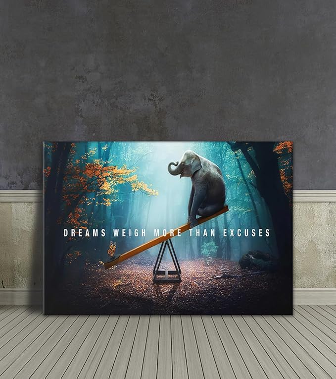 Wall Art Dreams Weigh More Than Excuses Painting on Canvas Inspirational Picture Motivational Quotes Poster Elephant and Butterfly Prints for Home Decor Living Room, Framed 28" Hx44 W