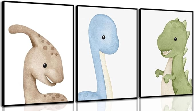 XXOUYLQ 3Pcs Watercolor Dinosaur Wall Art Kids Boys Room Canvas Wall Decor neutral dino Painting nursery Prints Funny Animals Plants Poster for Boys or Girls Bedroom unframed