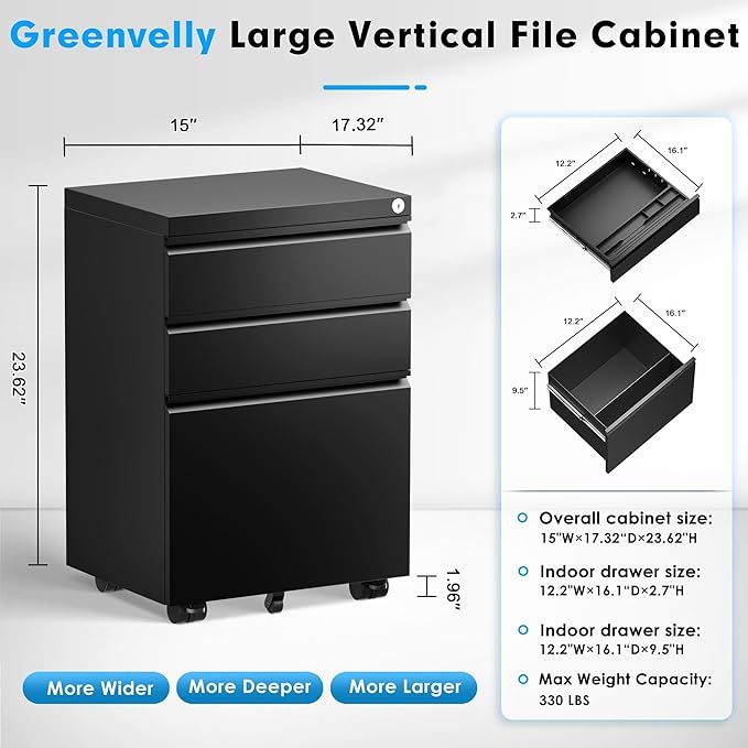 Greenvelly Mobile File Cabinet, 3 Drawer Metal Filing Cabinet on Wheels, Under Desk File Cabinet for Home Office Organizer Letter/Legal/A4 File (Requires Assembly-Black)