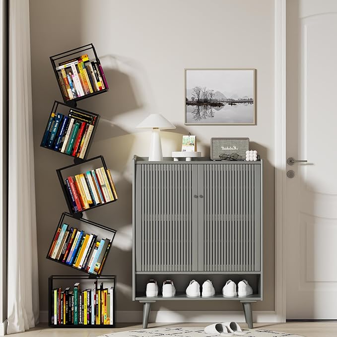 5-Tier Metal Bookshelf – Modern Geometric Narrow Bookcase with Matte Black Finish, Tall Storage Organizer Display Shelf for Living Room, Bedroom, Office, Small Spaces