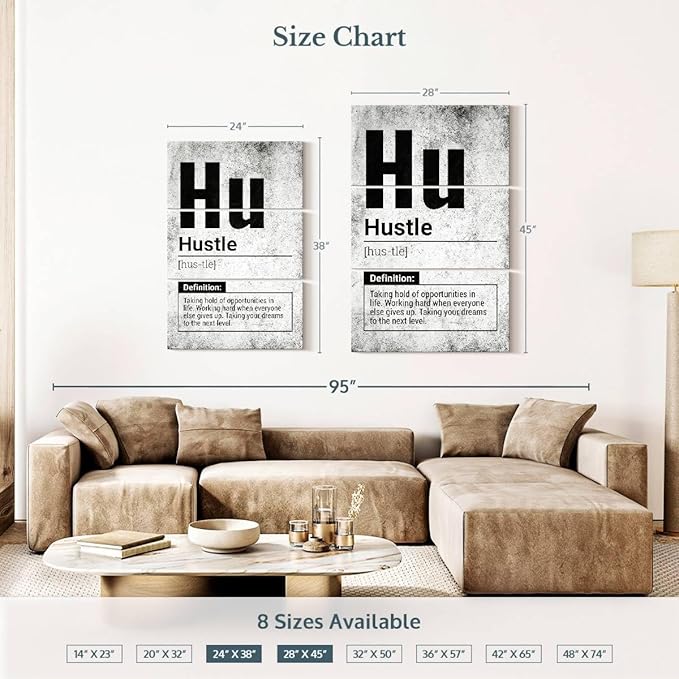 Elephant Stock - Hustle Definition Grunge Wall Art - Vertical Multi Panel Canvas - 3 Piece Living Room Wall Decor - Digital Art Inspirational And Typography Multi Piece Wall Art - Black And Gray Decor - 24" x 38"