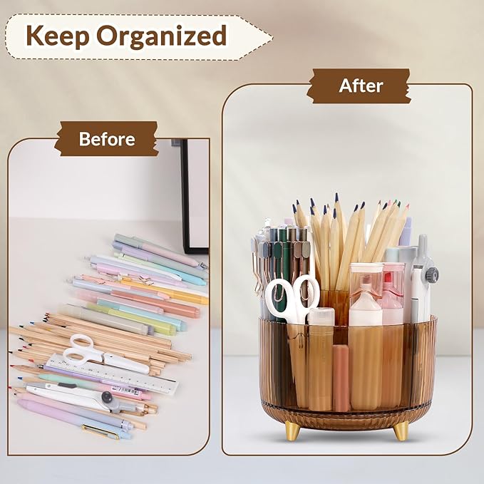 SKYDUE Rotating Pencil Pen Holder, Pen Organizer with 5 Slots - Aesthetic Desk Organizer and Accessories for School, Home, Office Supplies, Clear Tawny