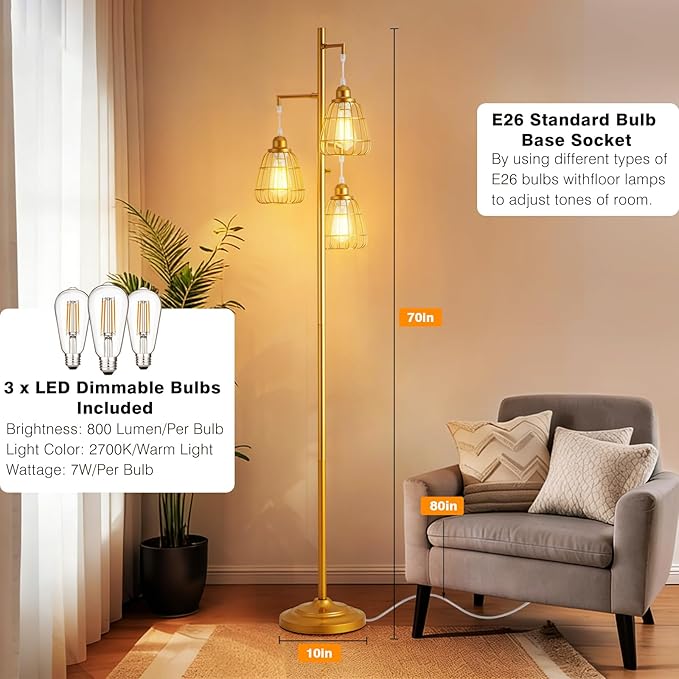 Gold Dimmable 70'' Floor Lamp for Living Room Farmhouse 3-Light Tall Lamp with Bird Caged Lampshade Bedroom Floor Tree Standing Lamp (3xLED Bulb Included) - 315603GD