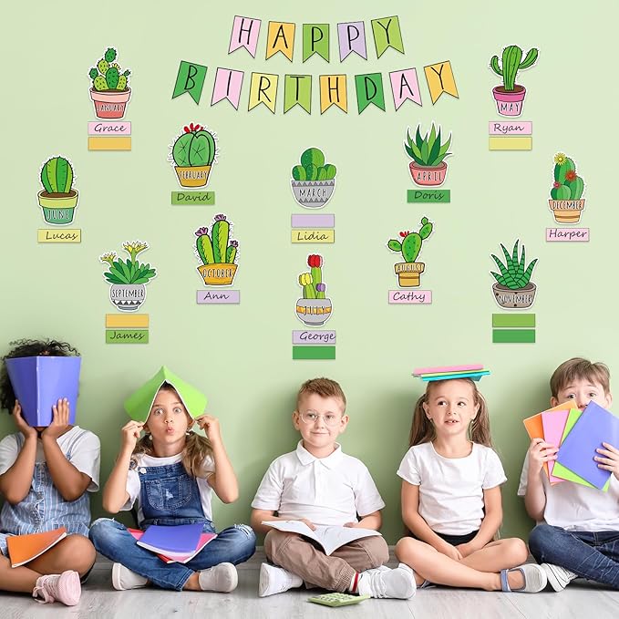 JarThenaAMCS 85Pcs Happy Birthday Bulletin Board Set Green Cactus Calendar Poster Plants Classroom Birthday Chart for Back to School Decorations