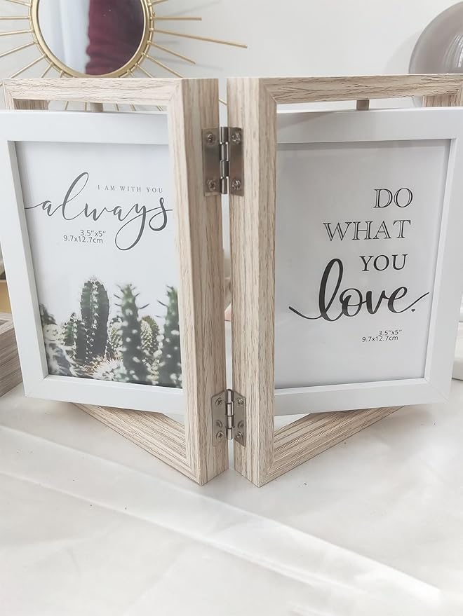 Wooden Hinged Double floating rotating Picture Frame for Photos, 4 * 6 5 * 7 vertical photo Natural Finish (wood color, 4 * 6in)