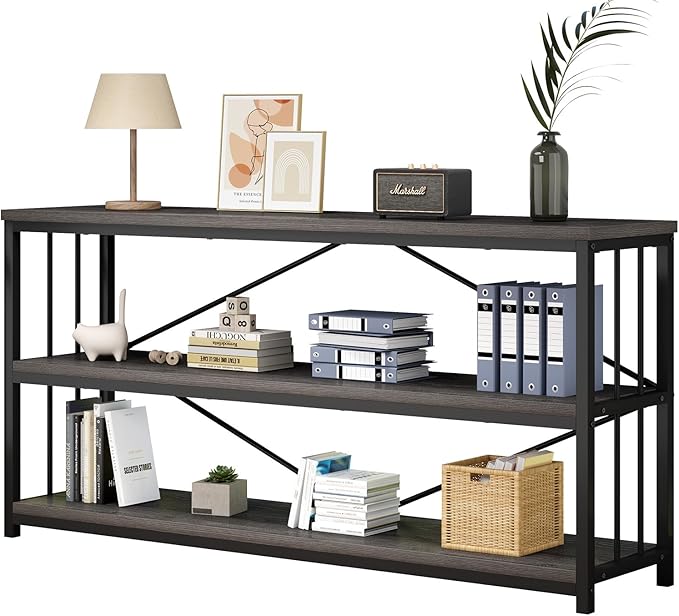 IBF Wood and Metal Book Shelf, Industrial Rustic Low 3 Tier Bookshelf, Farmhouse Long Wide Vintage Horizontal Bookcase, Modern Large Open Etagere for Home Office Living Room Bedroom, Gray Oak, 63 Inch