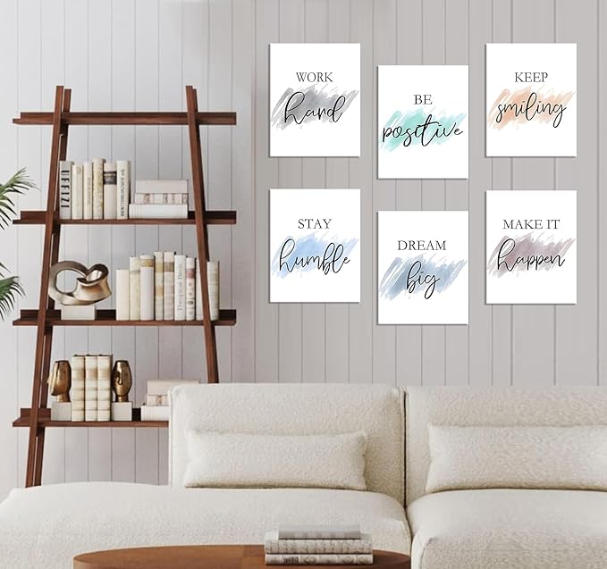 Framed Canvas Wall Art Set of 6 for Bedroom Living Room Wall Decor, Motivational Wall Decor Inspirational Office Wall Art Quotes for Living Room, 8x10 Inch